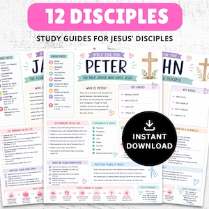 Op de afbeelding: Een set educatieve studiegidsen getiteld 12 Disciples Study Guides for Jesus' Disciples, met individuele bladen voor Petrus en Johannes. Elke pagina bevat secties voor snelle feiten, kernverzen, persoonlijkheidskenmerken en levenslessen.