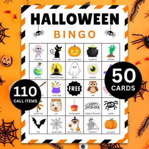 May include: A Halloween Bingo game card featuring a grid of 25 squares with illustrations of a mummy, black cat, jack-o-lantern, cauldron, zombie, potion, haunted house, ghost, eyeball, treat bag, owl, jar, candy apple, spider, bat, spider web, and skeleton.