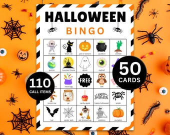 May include: A Halloween Bingo game card featuring a grid of 25 squares with illustrations of a mummy, black cat, jack-o-lantern, cauldron, zombie, potion, haunted house, ghost, eyeball, treat bag, owl, jar, candy apple, spider, bat, spider web, and skeleton.