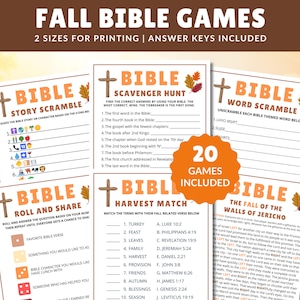 以下が含まれることがあります： Bible Scavenger Hunt、Bible Story Scramble、Bible Word Scrambleなどのタイトルが記載された、印刷可能な秋の聖書ゲームシートのコレクション。ページには秋の葉のグラフィック、十字架のアイコン、20 GAMES INCLUDEDと書かれた中央のオレンジ色のバッジが含まれています。