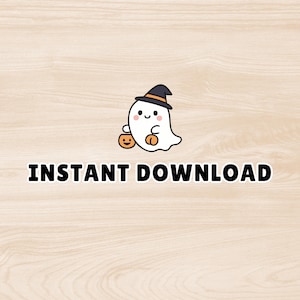 K&ouml;nnte beinhalten: Eine digitale Grafik mit einem wei&szlig;en Cartoon-Geist, der einen schwarzen Hexenhut mit orangefarbenem Band tr&auml;gt und zwei kleine orangefarbene K&uuml;rbisse h&auml;lt. Unter dem Geist steht der Text INSTANT DOWNLOAD in fetten, schwarzen Gro&szlig;buchstaben.