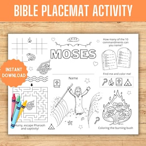 Peut inclure: Une page &agrave; colorier imprimable en noir et blanc repr&eacute;sentant Mo&iuml;se de la Bible. La page comprend un labyrinthe, une recherche de mots et une activit&eacute; de coloriage. Le texte "Mo&iuml;se" est en grandes lettres en haut de la page. Le texte "T&eacute;l&eacute;chargement instantan&eacute;" est dans un cercle en bas &agrave; gauche de la page.