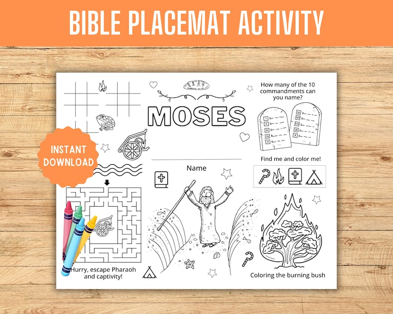 Peut inclure: Une page &agrave; colorier imprimable en noir et blanc repr&eacute;sentant Mo&iuml;se de la Bible. La page comprend un labyrinthe, une recherche de mots et une activit&eacute; de coloriage. Le texte "Mo&iuml;se" est en grandes lettres en haut de la page. Le texte "T&eacute;l&eacute;chargement instantan&eacute;" est dans un cercle en bas &agrave; gauche de la page.