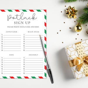 Op de afbeelding: Een printbaar inschrijfformulier voor een potluck met een rode en groene gestreepte rand. Het inschrijfformulier is verdeeld in vier secties: voorgerecht, hoofdgerecht, bijgerecht en dessert. Elke sectie heeft acht genummerde regels waar mensen hun namen en gerechten kunnen opschrijven.