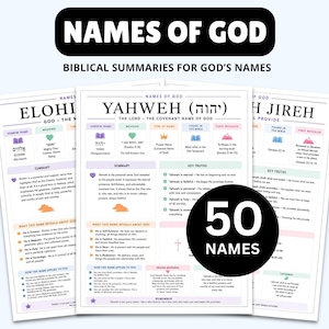 Puede incluir: Un conjunto de imprimibles educativos titulados NAMES OF GOD, que presentan res&uacute;menes b&iacute;blicos para 50 nombres. Cada p&aacute;gina muestra un nombre hebreo, su significado y verdades clave. El dise&ntilde;o utiliza cuadros de colores pastel, iconos y texto.