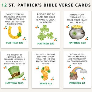 May include: Set of 12 St. Patrick's Bible verse cards. Each card features a Bible verse with related imagery, including a horseshoe, shamrocks, a pot of gold, and a leprechaun hat. The cards are decorated with hearts.
