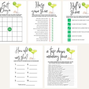 Pode incluir: Um conjunto de cart&otilde;es de jogo de despedida de solteira imprim&iacute;veis com uma ilustra&ccedil;&atilde;o de coquetel margarita verde. Os jogos incluem "Gift Bingo", "Raise Your Shoe", "Roll & Share", "How Old Was She?" e "A Trip Down Memory Lane".
