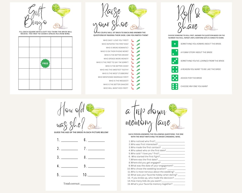Pode incluir: Um conjunto de cart&otilde;es de jogo de despedida de solteira imprim&iacute;veis com uma ilustra&ccedil;&atilde;o de coquetel margarita verde. Os jogos incluem "Gift Bingo", "Raise Your Shoe", "Roll & Share", "How Old Was She?" e "A Trip Down Memory Lane".