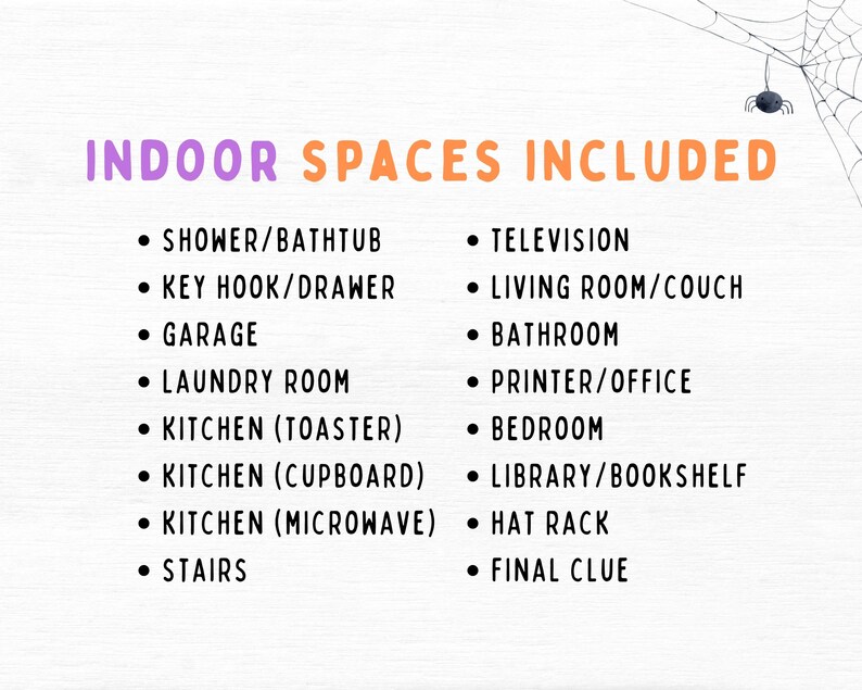 May include: A list of indoor spaces included in a game or scavenger hunt. The list includes spaces like the shower, bathroom, kitchen, living room, and bedroom.