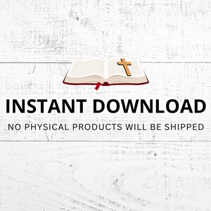 Puede incluir: Una ilustraci&oacute;n de un libro abierto con una cruz de madera marr&oacute;n sobre las p&aacute;ginas, acompa&ntilde;ada del texto negro INSTANT DOWNLOAD y NO PHYSICAL PRODUCTS WILL BE SHIPPED, sobre un fondo de veta de madera blanca.