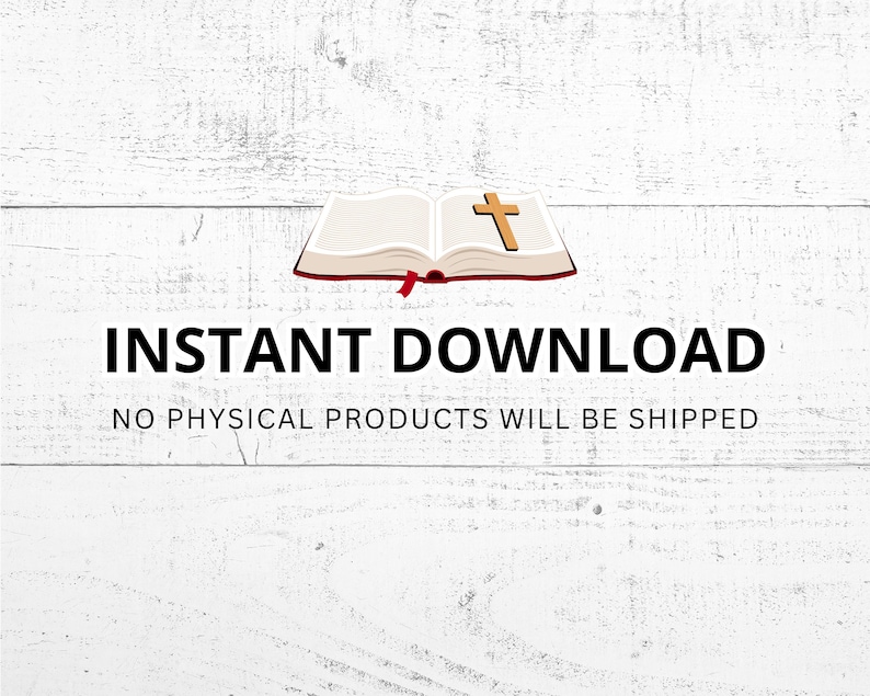 Puede incluir: Una ilustraci&oacute;n de un libro abierto con una cruz de madera marr&oacute;n sobre las p&aacute;ginas, acompa&ntilde;ada del texto negro INSTANT DOWNLOAD y NO PHYSICAL PRODUCTS WILL BE SHIPPED, sobre un fondo de veta de madera blanca.