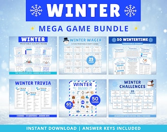 May include: A winter-themed game bundle with a blue and white color scheme. The image features six different printable games, including an escape room, trivia, bingo, and challenges. Text includes "Winter Mega Game Bundle" and "Instant Download".