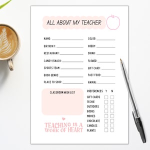 Teacher&#39;s Favorites | All About My Teacher | Teacher Survey | Teacher Appreciation Week | Back to School Questionnaire | Get to know me