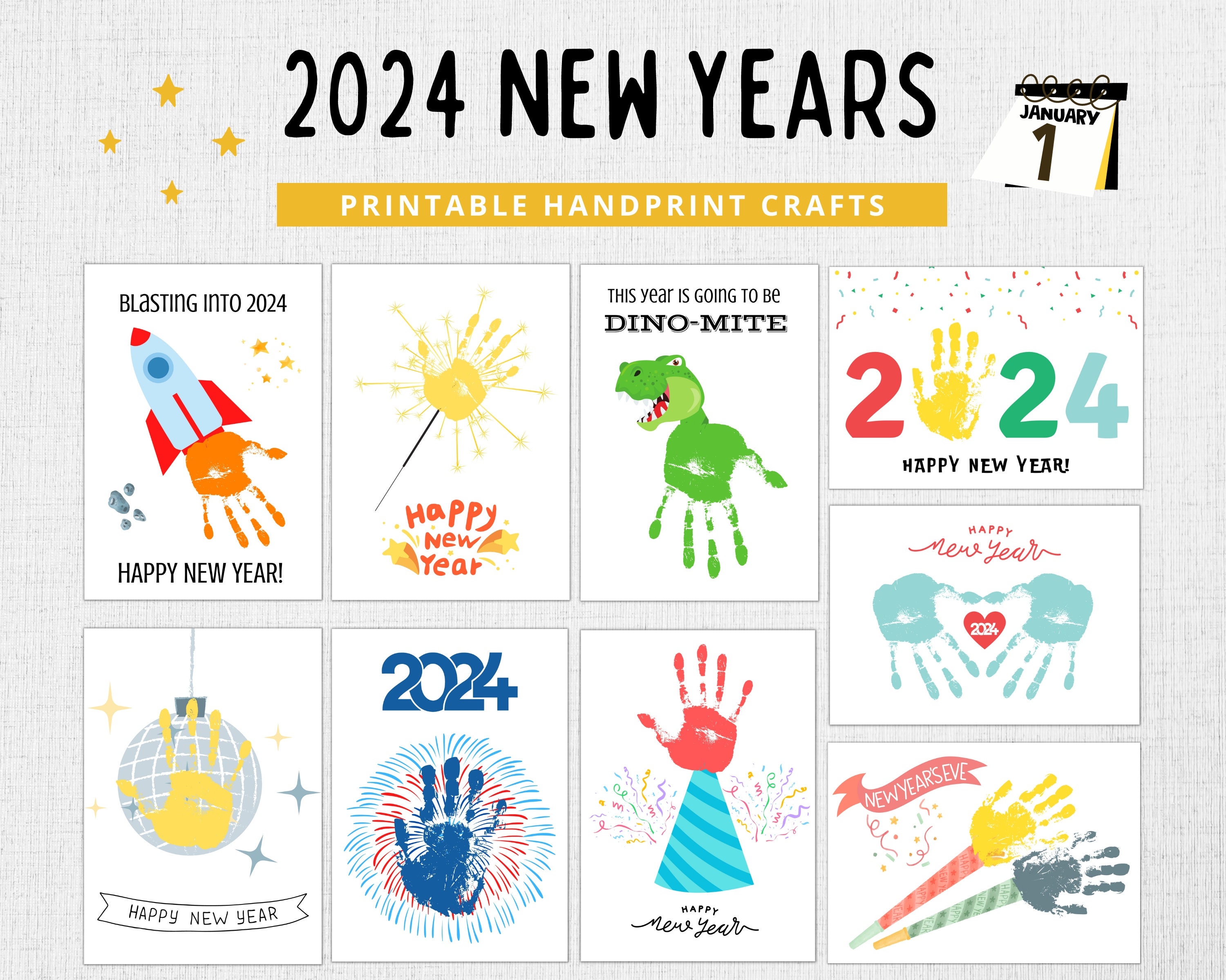 2024 New Years Handprint Art Preschool New Year Art, New Years Preschool  Craft, New Years Craft for Kids, New Years Toddler Craft 