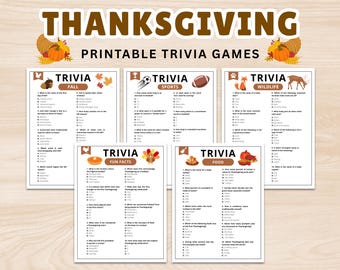 May include: Thanksgiving-themed printable trivia games. The image features six different trivia game cards with categories like Fall, Sports, Wildlife, Fun Facts, and Food. The cards have a light beige background with colorful graphics and text.