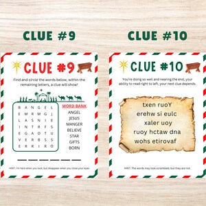 May include: Two Christmas-themed printable clue cards with red and green borders. The first card has a word search puzzle with the words "angel", "Jesus", "manger", "believe", "star", "gifts", and "born". The second card has a list of scrambled words that need to be unscrambled to reveal the next clue.