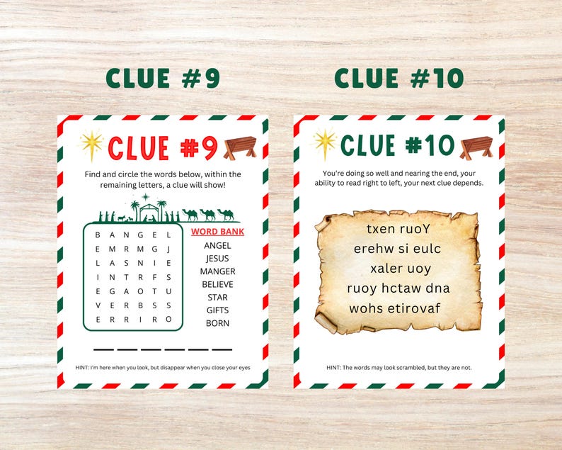 May include: Two Christmas-themed printable clue cards with red and green borders. The first card has a word search puzzle with the words "angel", "Jesus", "manger", "believe", "star", "gifts", and "born". The second card has a list of scrambled words that need to be unscrambled to reveal the next clue.