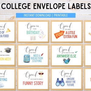 May include: Printable college envelope labels with various illustrations and text prompts like "Open if you are tired of cafeteria food" and "Open if you need a break from studying".