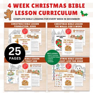 以下が含まれることがあります： 25ページの印刷可能な教材を含む4週間のクリスマス聖書レッスンカリキュラム。セットには、Foundation: Jesus、The Walls: God's Word、The Roof: Trust God、The Lights: Live for Jesusというタイトルのレッスンと、塗り絵が含まれています。