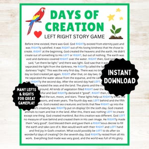 May include: A green and white printable game sheet titled "Days of Creation Left Right Story Game." The sheet features a colorful parrot, a heart, stars, and a plant graphic. Text includes "Instant Download" and "Many Lefts & Rights for Great Gameplay."