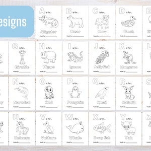 May include: A set of 26 alphabet flashcards featuring black and white illustrations of animals. Each card has a letter, the word for the animal, and a blank space for the child to write their name.