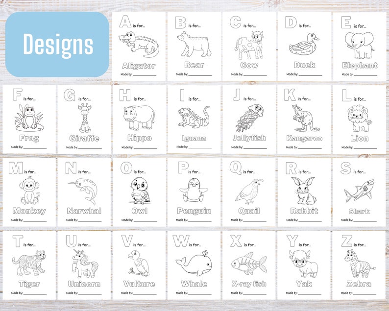 May include: A set of 26 alphabet flashcards featuring black and white illustrations of animals. Each card has a letter, the word for the animal, and a blank space for the child to write their name.