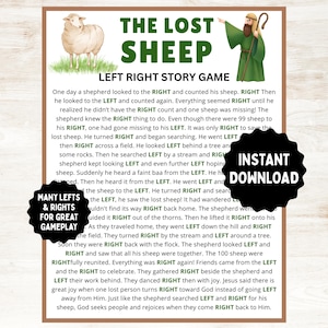 May include: A printed game sheet titled The Lost Sheep Left Right Story Game featuring a white sheep, a shepherd in a green robe, and a story text with the words LEFT and RIGHT highlighted in green. Two black circular badges overlay the text.
