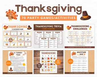 May include: A set of printable Thanksgiving party games and activities. The games include a scavenger hunt, trivia, challenges, a turkey tale, bingo, and gratitude dice. The games are designed to be fun and engaging for all ages.