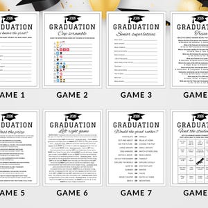 May include: Eight graduation party game printables. Each card features a black graduation cap graphic and the year 2026. Games include trivia, superlatives, and bingo. The cards are white with black text and graphics.