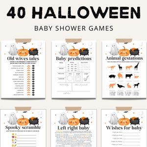 May include: A set of 6 printable Halloween baby shower game cards featuring a ghost and pumpkin theme. The games include "Old Wives Tales", "Baby Predictions", "Animal Gestations", "Spooky Scramble", "Left Right Baby", and "Wishes for Baby".