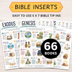 Pode incluir: Inserções bíblicas com o texto "Bible Inserts" e "Easy to use 5 x 7 Bible Tip Ins". As inserções apresentam ilustrações coloridas e texto de Êxodo e Gênesis. Um círculo preto com o texto "66 Books" também é visível.