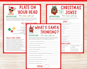 Może przedstawiać: Zestaw trzech arkuszy gier o tematyce bożonarodzeniowej z instrukcjami i pytaniami do uzupełnienia. Gry obejmują "Plate on Your Head", "Christmas Jokes" i "What's Santa Thinking?" Gry są przeznaczone dla wszystkich grup wiekowych.