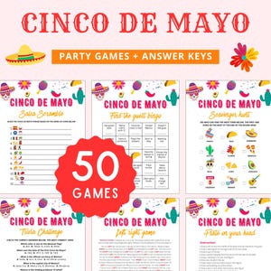 Peut inclure: Plusieurs jeux de f&ecirc;te pour le Cinco de Mayo, dont Salsa Scramble, Find the Guest Bingo et Scavenger Hunt. Le design pr&eacute;sente des illustrations festives de sombreros, de cactus et de fleurs. Le texte "CINCO DE MAYO" est bien en &eacute;vidence, ainsi que "50 GAMES".