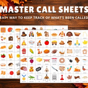 Puede incluir: Dos hojas de papel blancas tituladas MASTER CALL SHEETS con el subt&iacute;tulo EASY WAY TO KEEP TRACK OF WHAT'S BEEN CALLED. Cada hoja presenta una cuadr&iacute;cula de ilustraciones coloridas que representan temas de oto&ntilde;o y Acci&oacute;n de Gracias.