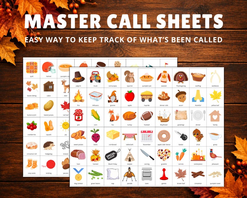 Puede incluir: Dos hojas de papel blancas tituladas MASTER CALL SHEETS con el subt&iacute;tulo EASY WAY TO KEEP TRACK OF WHAT'S BEEN CALLED. Cada hoja presenta una cuadr&iacute;cula de ilustraciones coloridas que representan temas de oto&ntilde;o y Acci&oacute;n de Gracias.