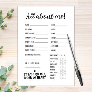 Teacher&#39;s Favorites | All About My Teacher | Teacher Survey | Teacher Appreciation Week | Back to School Questionnaire | Get to know me
