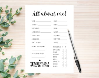 Teacher Favorites Questionnaire | All About My Teacher Survey (Digital Download)