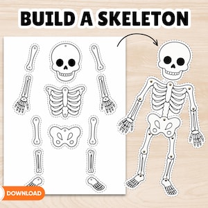 May include: A printable activity sheet titled BUILD A SKELETON featuring black and white line art of individual skeleton parts with dashed cutting lines, alongside an assembled skeleton figure connected with small metal fasteners.