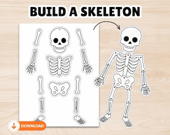 May include: A printable activity sheet titled BUILD A SKELETON featuring black and white line art of individual skeleton parts with dashed cutting lines, alongside an assembled skeleton figure connected with small metal fasteners.