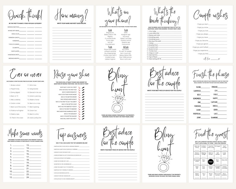 Peut inclure: Un ensemble de cartes de jeu de douche nuptiale imprimable avec 10 cartes de jeu diff&eacute;rentes. Les cartes sont en noir et blanc avec une police de calligraphie moderne. Les jeux incluent "Quick Think", "How Many", "What's on Your Phone", "What's the Bride Thinking", "Couple Wishes", "Ever or Never", "Raise Your Shoe", "Bling Hunt", "Best Advice for the Couple", "Finish the Phrase", "Make Some Words", "Top Answers", "Best Advice for the Couple", "Bling Hunt", and "Find the Guest".