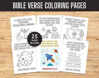 May include: A set of 25 coloring pages featuring Bible verses and illustrations. The pages include images of a giraffe, a rocket ship, a beehive, a castle, and a person with outstretched arms. The text on the pages includes verses from Proverbs, Hebrews, and Psalms.