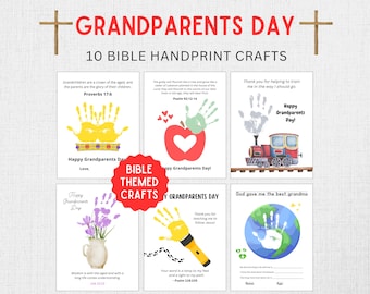 Könnte beinhalten: Ein Set mit 10 druckbaren Handabdruck-Bastelarbeiten zum Thema Bibel für den Großeltern-Tag. Jede Bastelei zeigt einen anderen Bibelvers und ein Handabdruck-Design. Die Bastelarbeiten beinhalten eine Krone, einen Apfel, einen Zug, eine Blumenvase, eine Taschenlampe und einen Globus.
