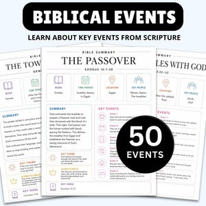 Puede incluir: Un conjunto de hojas informativas blancas tituladas BIBLICAL EVENTS, que presentan res&uacute;menes de historias b&iacute;blicas como La Pascua. Cada p&aacute;gina incluye iconos para libro, periodo, ubicaci&oacute;n y personajes, con una insignia circular negra 50 EVENTS.