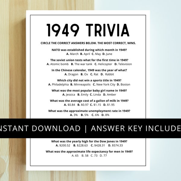 1949 Trivia | 75th Birthday Party Game | Born in 1949 | 70th Birthday Game | 1949 Game | 1949 Birthday Game | 70th Party Game | Printable