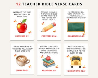 May include: Twelve teacher Bible verse cards with watercolor illustrations. Each card features a Bible verse and a corresponding image, including an apple, pencil, chalkboard, coffee cup, books, and a school bus. The cards are decorated with small heart accents.
