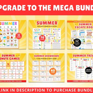 May include: A collection of summer-themed printable games and activities. The image features six different game sets, including bingo, trivia, and an escape room. Each set has a unique design with bright colors and summer-related graphics. Text on the image reads "Upgrade to the Mega Bundle."