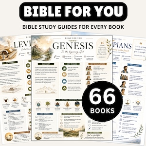 Könnte beinhalten: Bibelstudienführer für jedes Buch, mit dem Text "BIBLE FOR YOU" oben. Die Führer enthalten Zusammenfassungen, Schlüsselthemen und Schlüsselcharaktere. Ein schwarzer Kreis zeigt die Zahl "66 BOOKS".