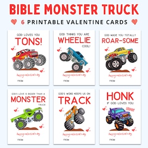 Tarjetas de San Valentín de camiones monstruo / Tarjetas de San Valentín cristianas para niños / Tarjetas de San Valentín cristianas imprimibles / Tarjetas de San Valentín de camiones para niños / Tarjetas de San Valentín bíblicas para niños