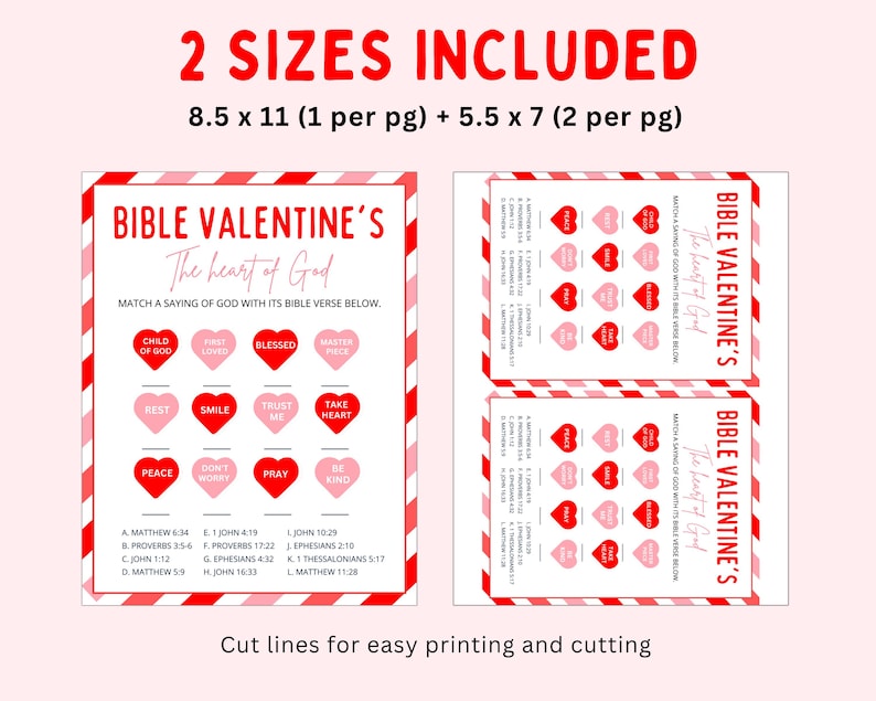 K&ouml;nnte beinhalten: Ein druckbares Valentinstagsspiel mit einem rot-wei&szlig; gestreiften Rand. Das Spiel tr&auml;gt den Titel "Bible Valentine's The Heart of God" und fordert die Spieler auf, Spr&uuml;che Gottes mit ihren entsprechenden Bibelversen zuzuordnen. Das Spiel umfasst zwei Gr&ouml;&szlig;en: 21,6 x 27,9 cm und 14 x 17,8 cm.