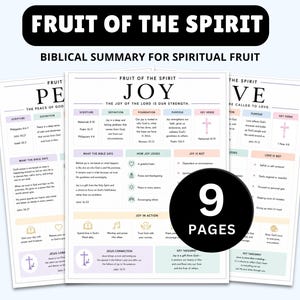 May include: A set of nine printable pages titled Fruit of the Spirit, featuring a biblical summary for spiritual fruit. The documents include sections for scripture, definitions, and key verses with pastel-coloured boxes and cross icons.